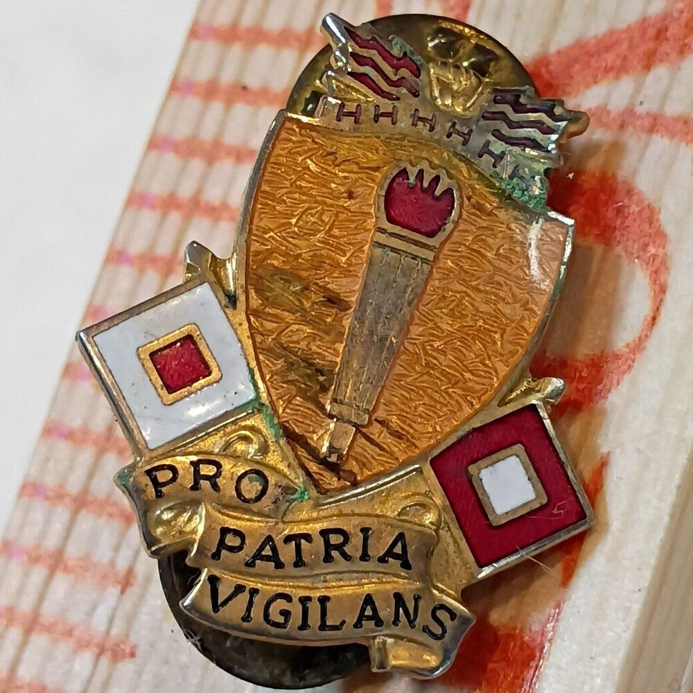 Vintage US Army Signal School Pro Patria Vigilans Unit Crest Lapel Pin Brooch